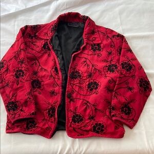 Red and Black Velvet Bomber Jacket with Floral Design
